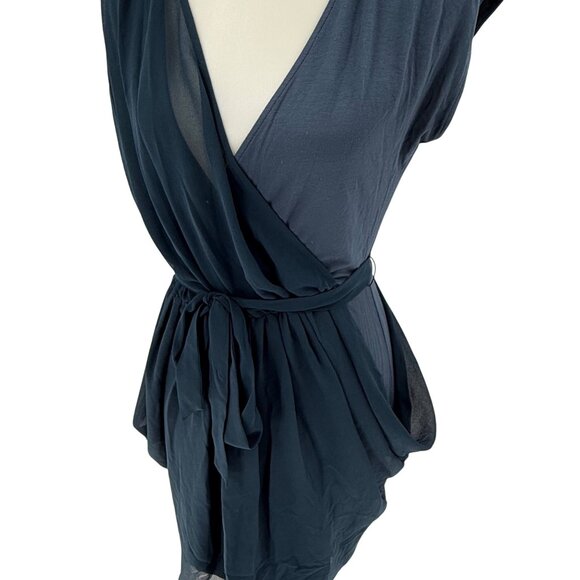 Bebe Navy Blue Wrap-Style Dress With Sheer Overlay & Belted Waist Size M - Picture 2 of 7